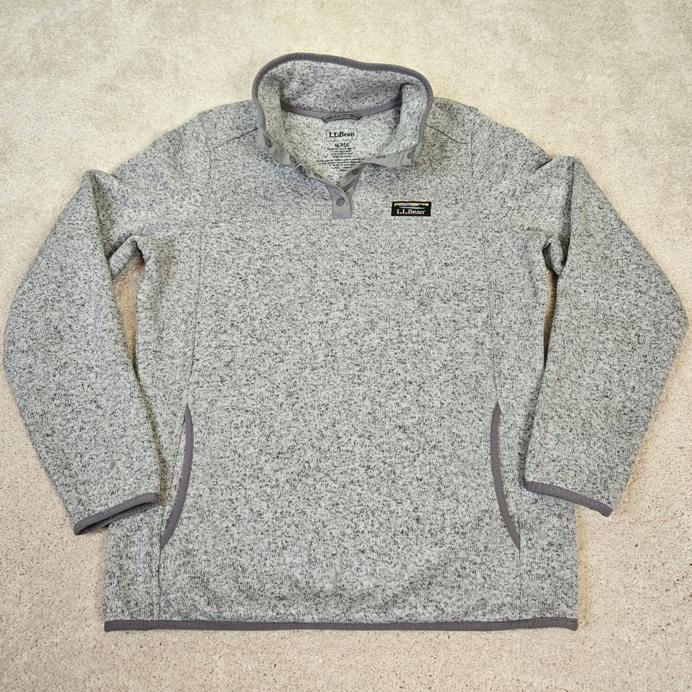 Women's LL Bean Gray Cozy Durable Fleece Snap Button Pullover Sweater Top Size M